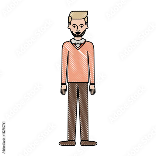 man full body with stubble beard and sweater and pants and shoes with side parted hairstyle in colored crayon silhouette vector illustration