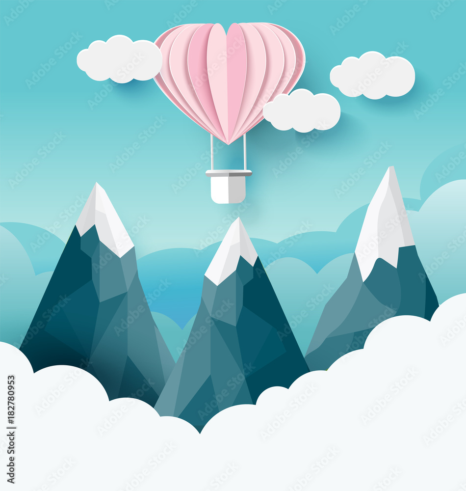 origami balloon with cloud, mountain paper art style, on pastel colors background.vector illustration