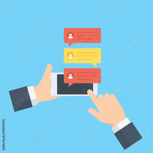 Hand holding a mobile phone, sending message with online chat. flat chat bubbles notification on mobile phone screen. Social Media Illustration