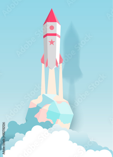 Rocket, globe, cloud, sky, paper art style with pastel color tones.vector illustration