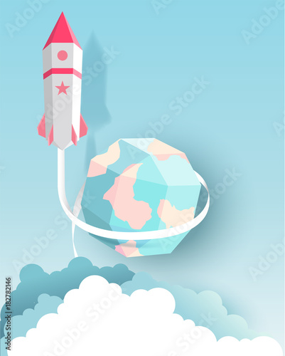 Rocket, globe, cloud, sky, paper art style with pastel color tones.vector illustration