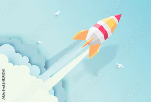 Obraz startująca rakieta między lecącymi ptakami z efektem 3d