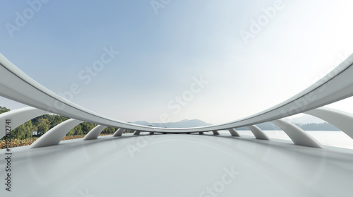 empty marble floor with beautiful lake in blue sky