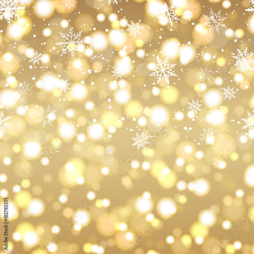 Happy New Year greeting card with defocused lights background and gold text. 2018. Vector