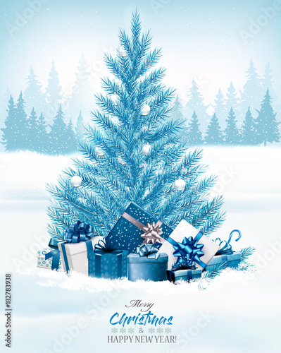 Christmas holiday background with a blue tree and presents. Vector.
