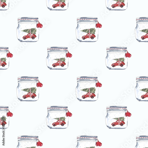 Seamless pattern with red car and Christmas tree. Christmas picture