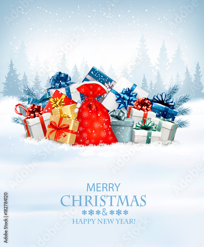 Christmas holiday background with a red sack full presents and gift boxes. Vector. © ecco