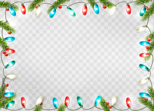 Christmas holiday decoration with branches of tree and garland on transparent background. Vector.