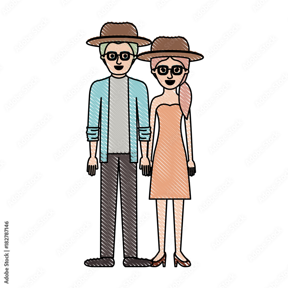 couple in colored crayon silhouette and both with hat and glasses and him with shirt and jacket and pants and shoes and her with strapless dress and heel shoes with pigtail hairstyle vector couple in colored crayon silhouette and both with hat and glasses and him with shirt and jacket and pants and shoes and her with strapless dress and heel shoes with pigtail hairstyle vector