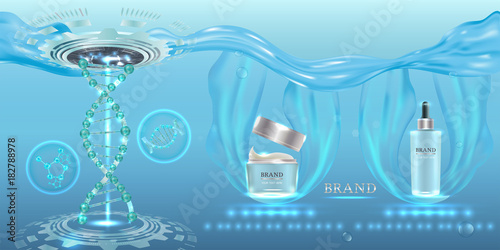 Cosmetic containers with advertising background ready to use, technology concept skin care ad. Illustration vector.