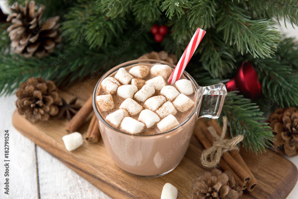 Hot spiced Christmas chocolate drink with marshmallows