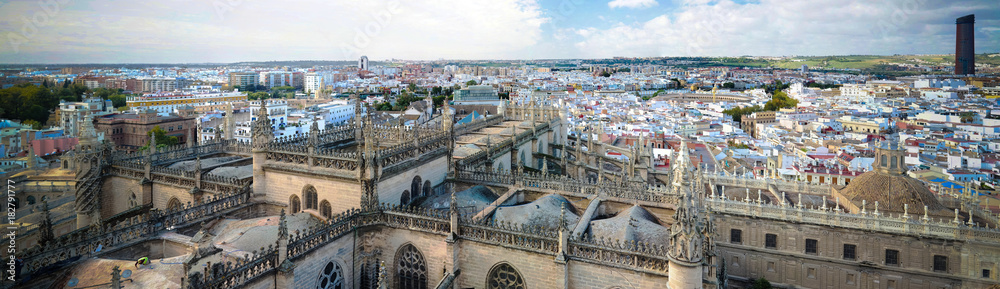 Panoramic aerial cityscape of Seville city from Cathedral, Spain