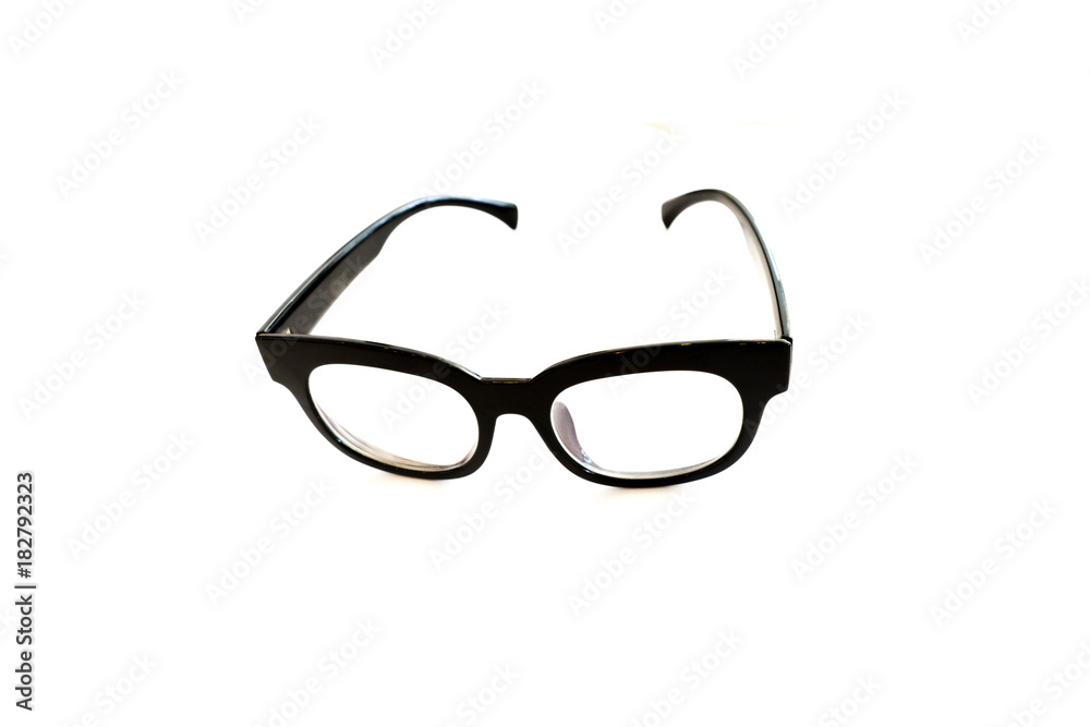 Eye glasses, Plastic black color on white background.