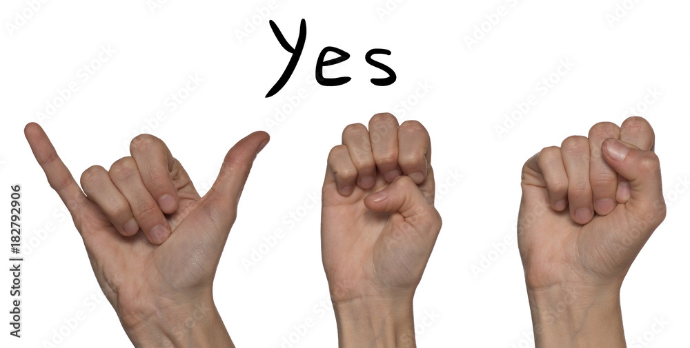 A word of yes shown by hands on an alphabet for the deaf mute on a white background