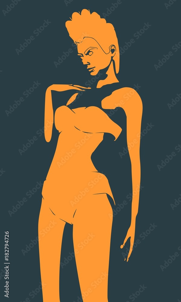 Fototapeta premium Beautiful sexy fitness girl. Confused woman raising her hand to face. Young lady wearing swimsuit. Front view. Mohawk hairstyle.