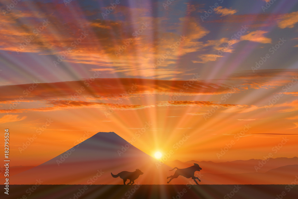 富士山と犬に朝日