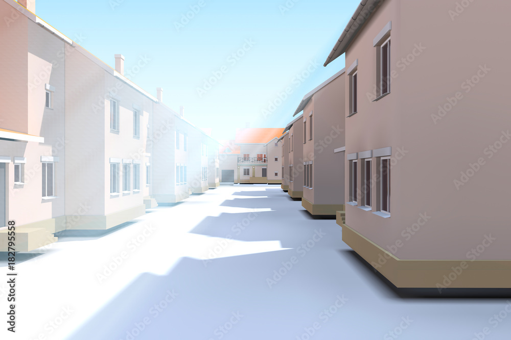 Low-rise buildings. Streets and houses, townhouse, illustration three d
