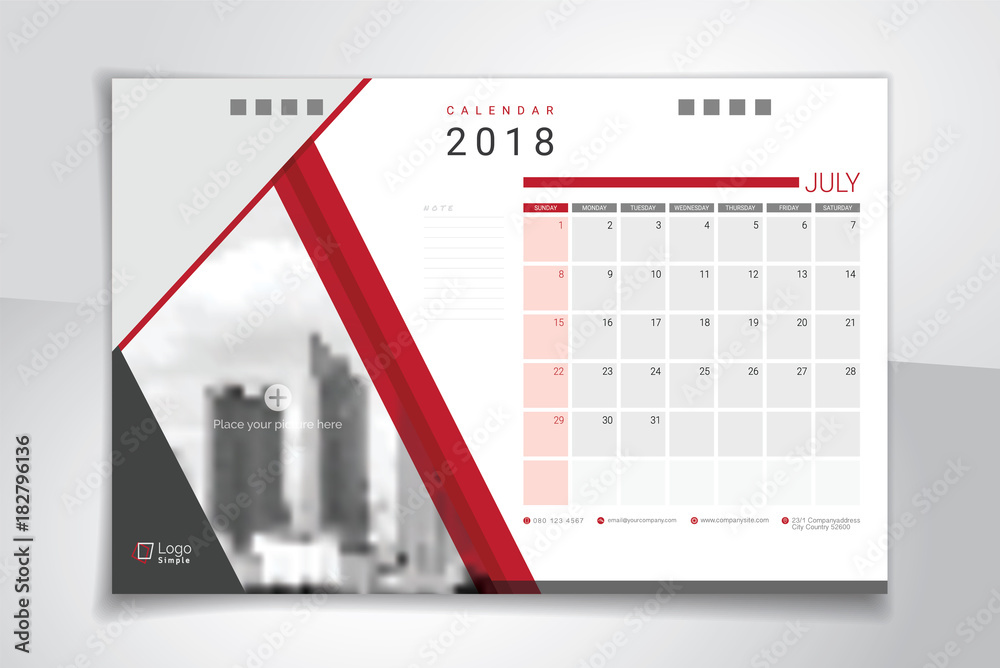 2018 July desk or table calendar, weeks start on Sunday