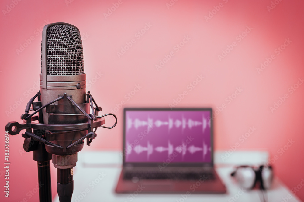condenser microphone on laptop computer with waveform on screen and  headphone background, home studio & recording concept Stock Photo | Adobe  Stock