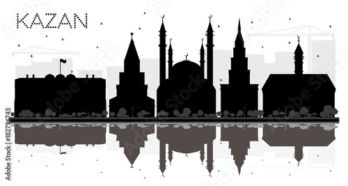 Kazan Russia City skyline black and white silhouette with Reflections.