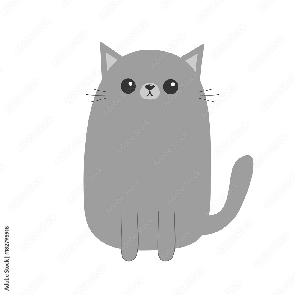 Gray cat kitten. Cute cartoon character. Kawaii animal. Funny face with eyes, moustaches, nose, ears. Love Greeting card. Flat design. White background. Isolated. Gray cat kitten. Cute cartoon character. Kawaii animal. Funny face with eyes, moustaches, nose, ears. Love Greeting card. Flat design. White background. Isolated.