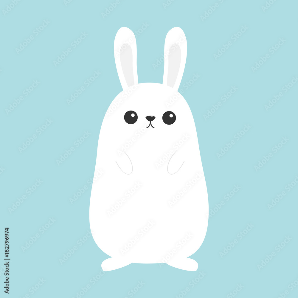 White bunny rabbit. Funny head face. Big ears. Cute kawaii cartoon  character. Baby greeting card template. Happy Easter sign symbol. Blue  background. Flat design. Stock Vector | Adobe Stock