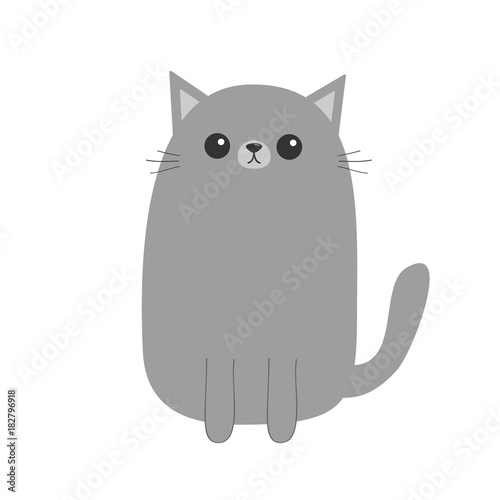 Gray cat kitten. Cute cartoon character. Kawaii animal. Funny face with eyes, moustaches, nose, ears. Love Greeting card. Flat design. White background. Isolated.