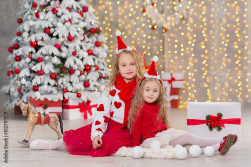 Christmas portrait of two beautyful cute girls Smiling sisters friends and xmas luxury green white tree in unique interior studio with huge golden mirror and fur