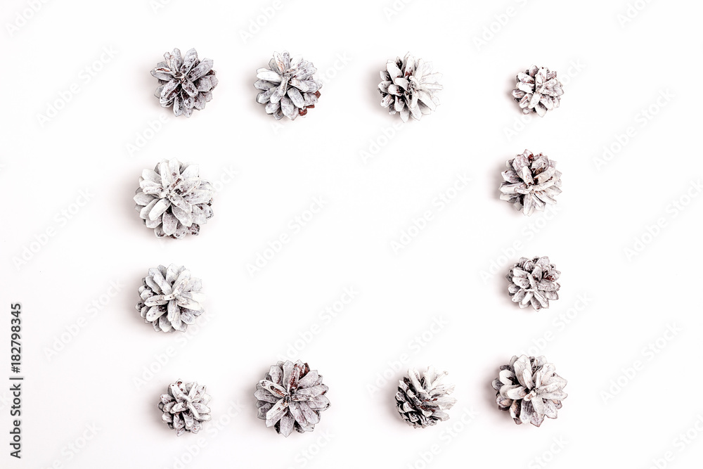 Frame from snow painted pine cones on white background. Top view, flat lay, copy space. Frame from snow painted pine cones on white background. Top view, flat lay, copy space.