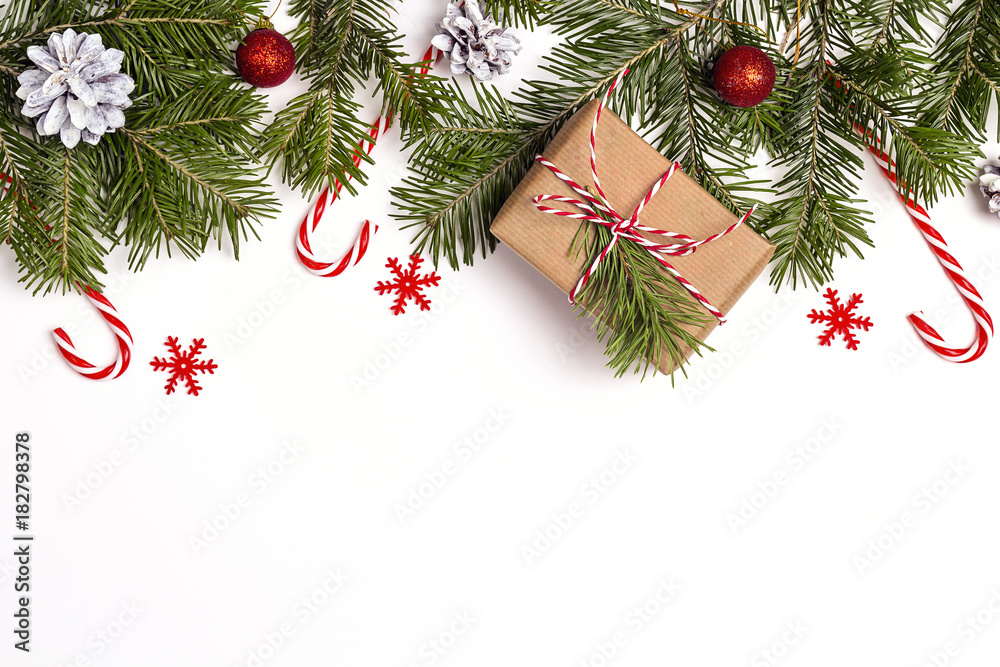 Christmas background with gift box, fir branches and decorations. Space for text. Christmas background with gift box, fir branches and decorations. Space for text.