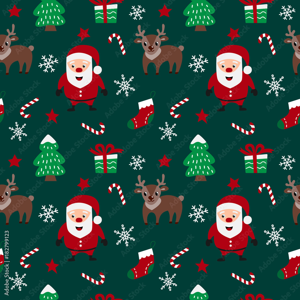 Merry Christmas seamless pattern with Santa Claus, deers, snowflakes, stars, christmas trees and candies  in vector. Seamless pattern can be used for wallpapers, pattern fills, web page backgrounds.