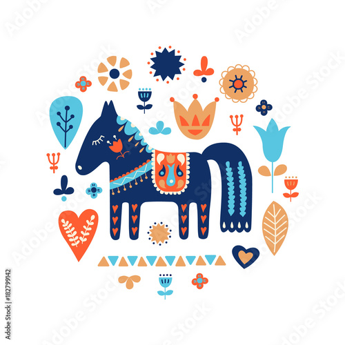 Nordic ornaments, folk art pattern. Scandinavian style. Horse and forest flowers. Vector illustration. photo