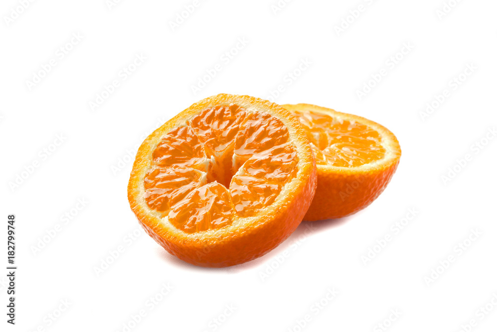 one cut juicy orange fleshy mandarin in half