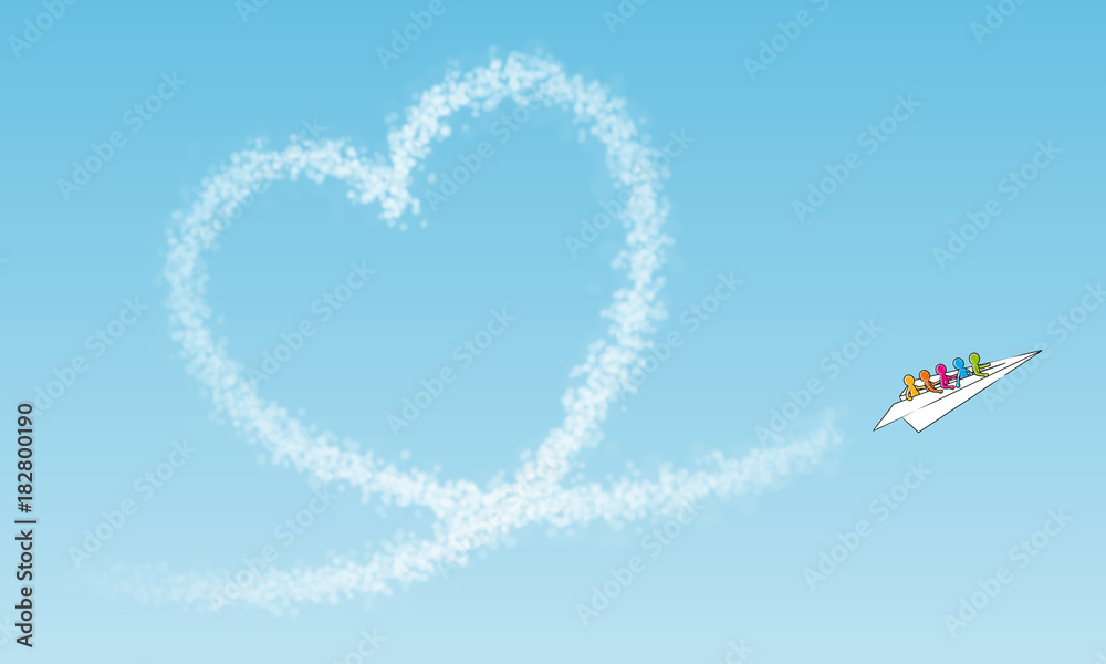 Naklejka premium Papierflugzeug mit Strichmännchen-Team fliegt ein Wolken-Herz vor blauem Himmel / Vektor-Zeichnung, freigestellt