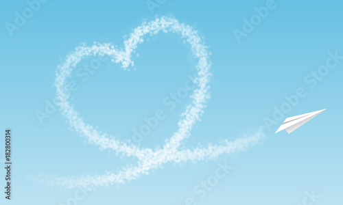 Papierflugzeug fliegt ein Wolken-Herz vor blauem Himmel / Vektor 