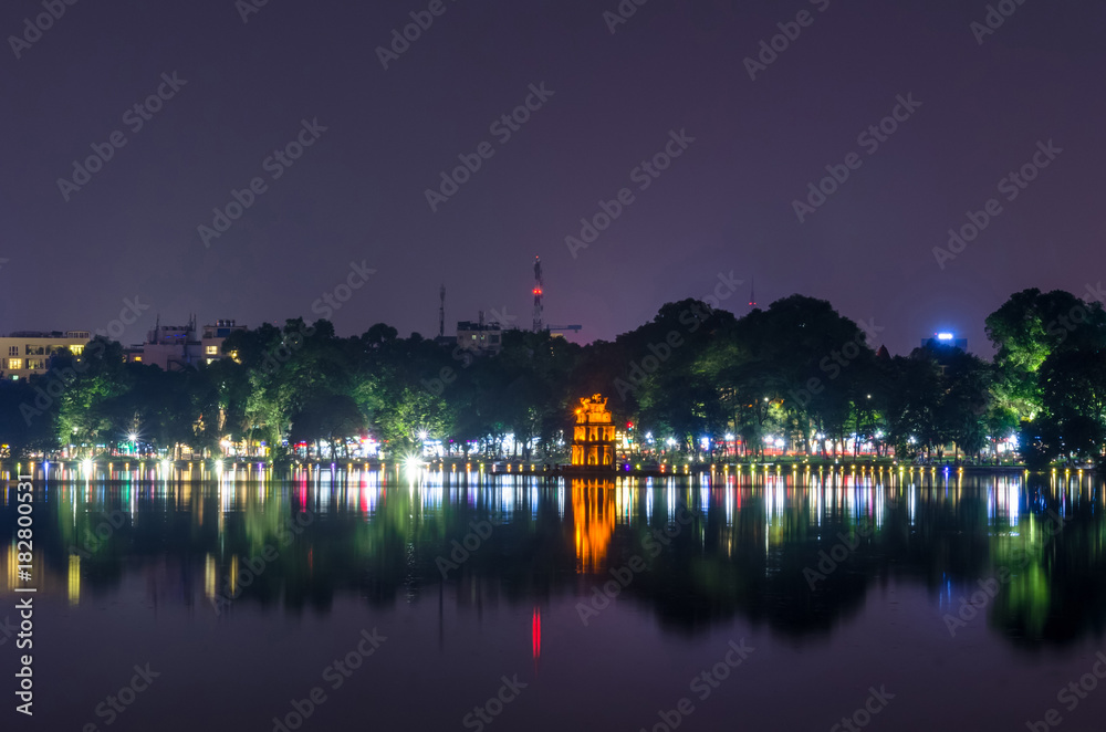
Night view of Turtle Tower or Tortoise tower which is located in the middle of the Hoan Kiem Lake. Hoan Kiem Lake meaning 