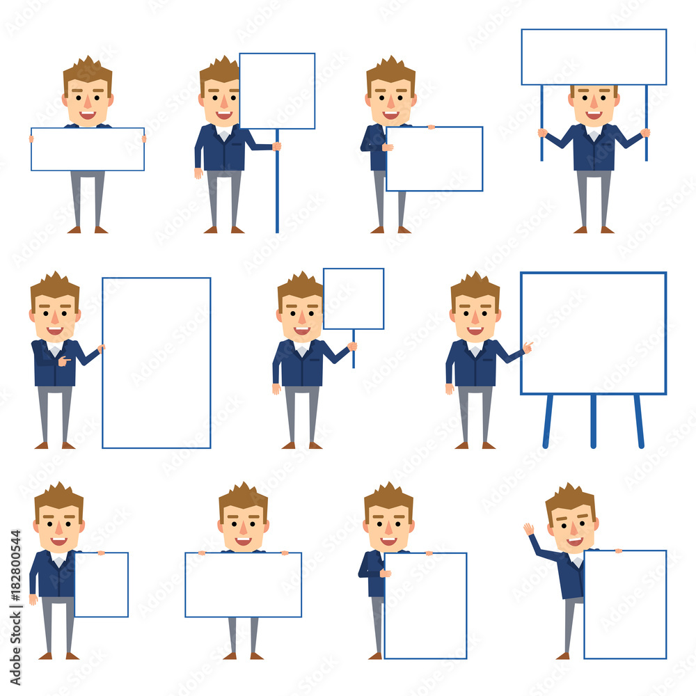 Set of funny businessman characters posing with diverse blank signboards. Cheerful man holding paper, banner, placard, pointing to whiteboard. Flat style vector illustration Set of funny businessman characters posing with diverse blank signboards. Cheerful man holding paper, banner, placard, pointing to whiteboard. Flat style vector illustration