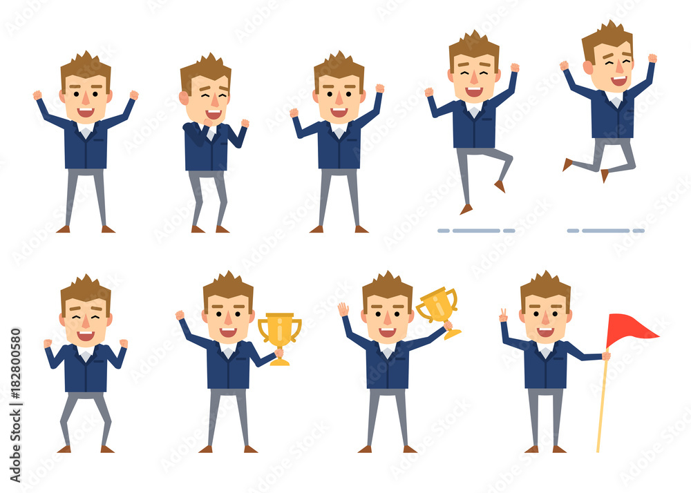 Set of funny businessman characters showing different success poses. Cheerful man celebrating, jumping, holding winners cup and showing other actions. Flat style vector illustration Set of funny businessman characters showing different success poses. Cheerful man celebrating, jumping, holding winners cup and showing other actions. Flat style vector illustration