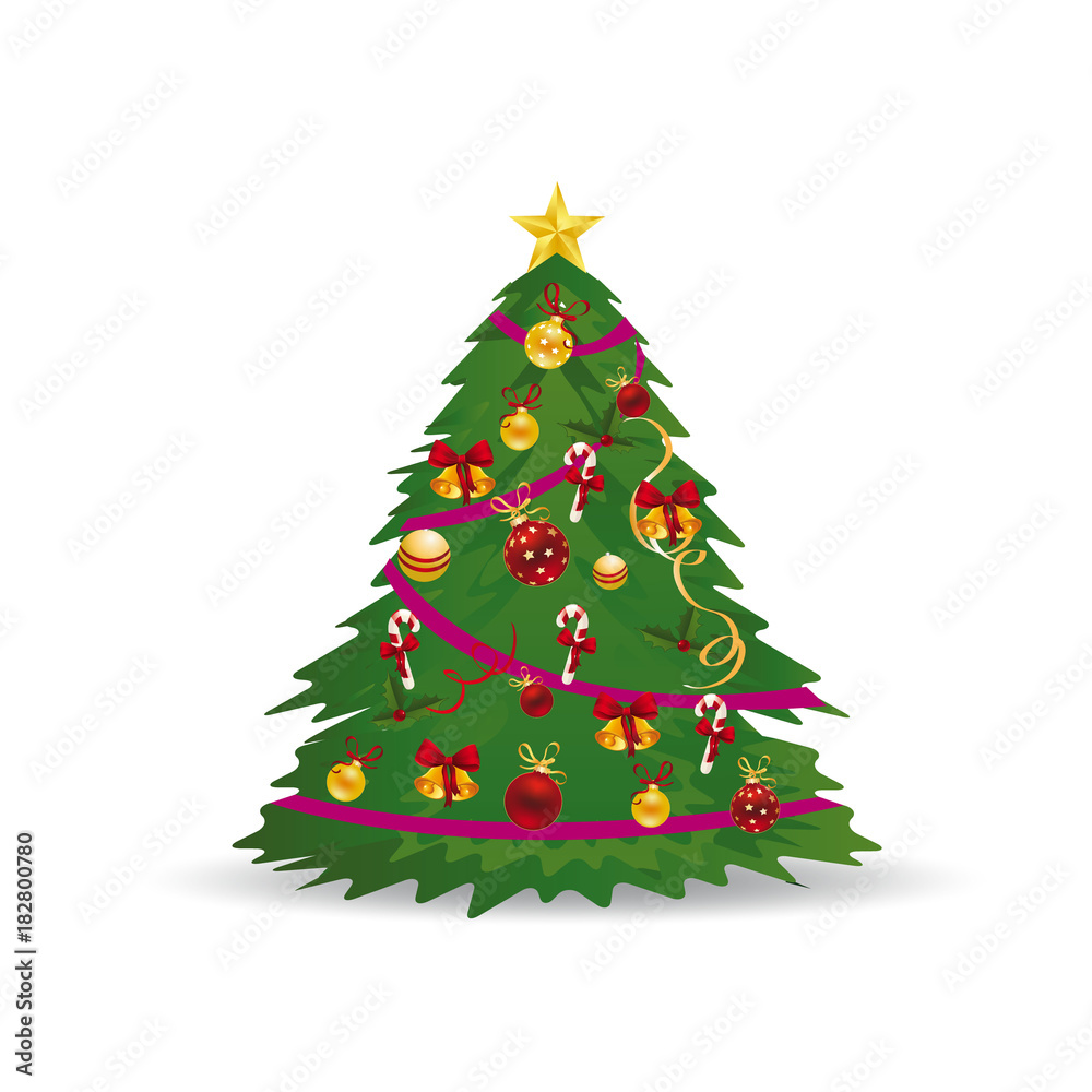 Christmas tree with toys, beautifully decorated, cartoon on white background,