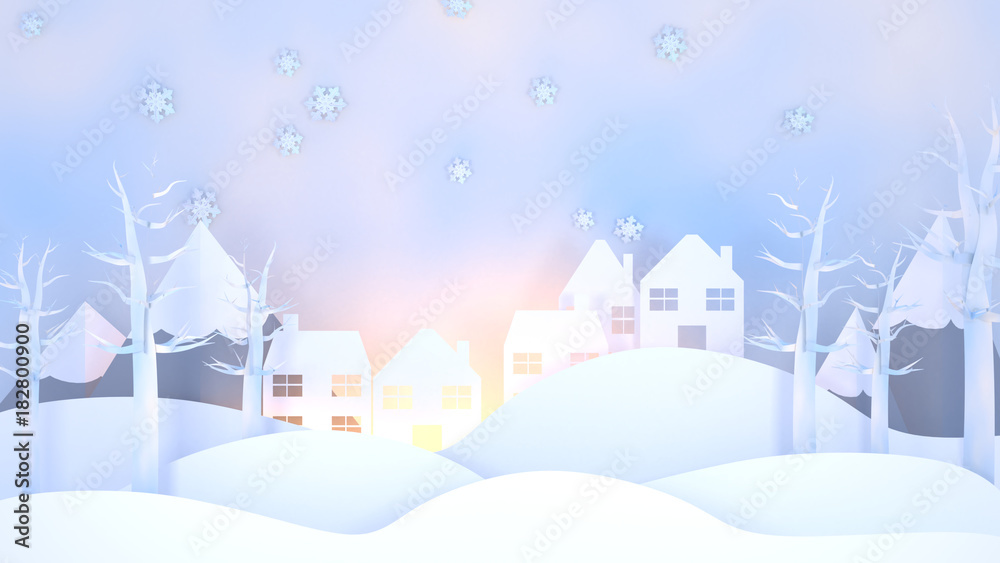 Paper art of winter landscape, trees, houses and snowflakes. 3d rendering picture.