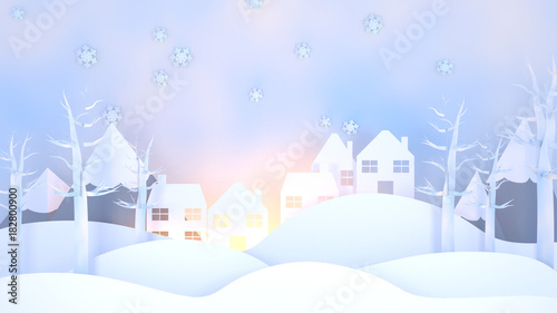 Paper art of winter landscape, trees, houses and snowflakes. 3d rendering picture.