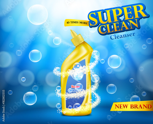 Advertising poster of a yellow plastic bottle with a curved tip with a liquid detergent and a label, in soap bubbles and a swirl around it on a blue background. A cleaner for the bathroom and toilet.