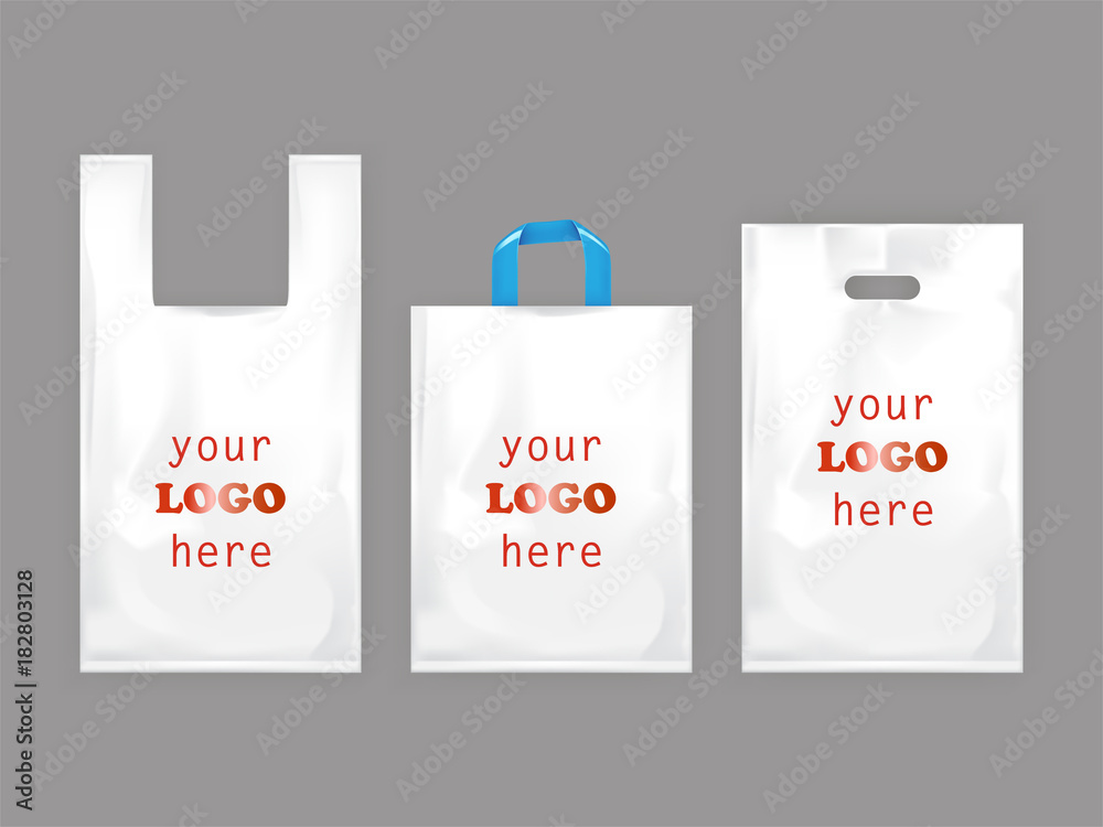 Vektorová grafika „White plastic shopping bags, disposable T-shirt bag  packaging, set vector realistic illustrations isolated on gray background.  Mock up, template ready for brand design“ ze služby Stock | Adobe Stock