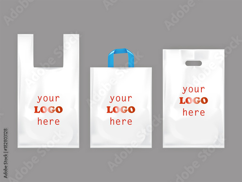 White plastic shopping bags, disposable T-shirt bag packaging, set vector realistic illustrations isolated on gray background. Mock up, template ready for brand design