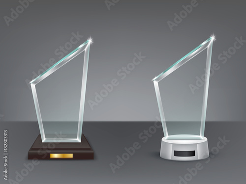 Realistic glass trophy, sport and business award, prize to the winner of the competition, winning cup, vector isolated illustration, front view