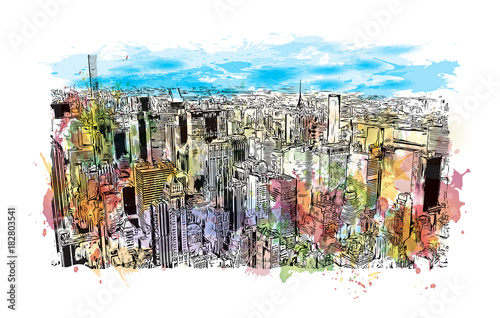 Watercolor splash with hand drawn sketch of New York City, USA in vector illustration.