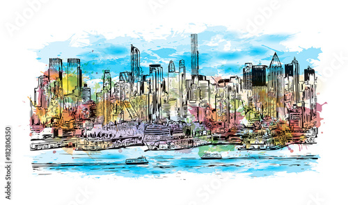 Watercolor splash with hand drawn sketch of New York City Skyline, USA in vector illustration.