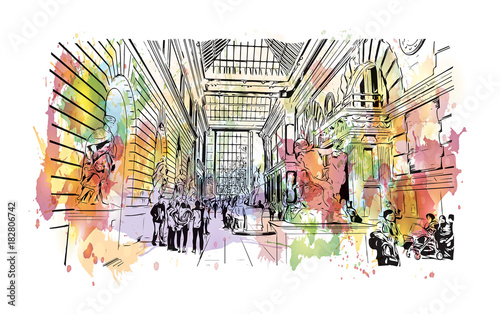 Watercolor splash with hand drawn sketch of The Metropolitan Museum of Art, colloquially "the Met," is located in New York City in vector illustration.