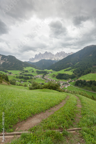 Small Italian little town of St. Magdalena in Val di Funes in wonderful natural environment