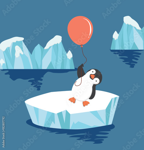 penguin  holding balloon on ice floe